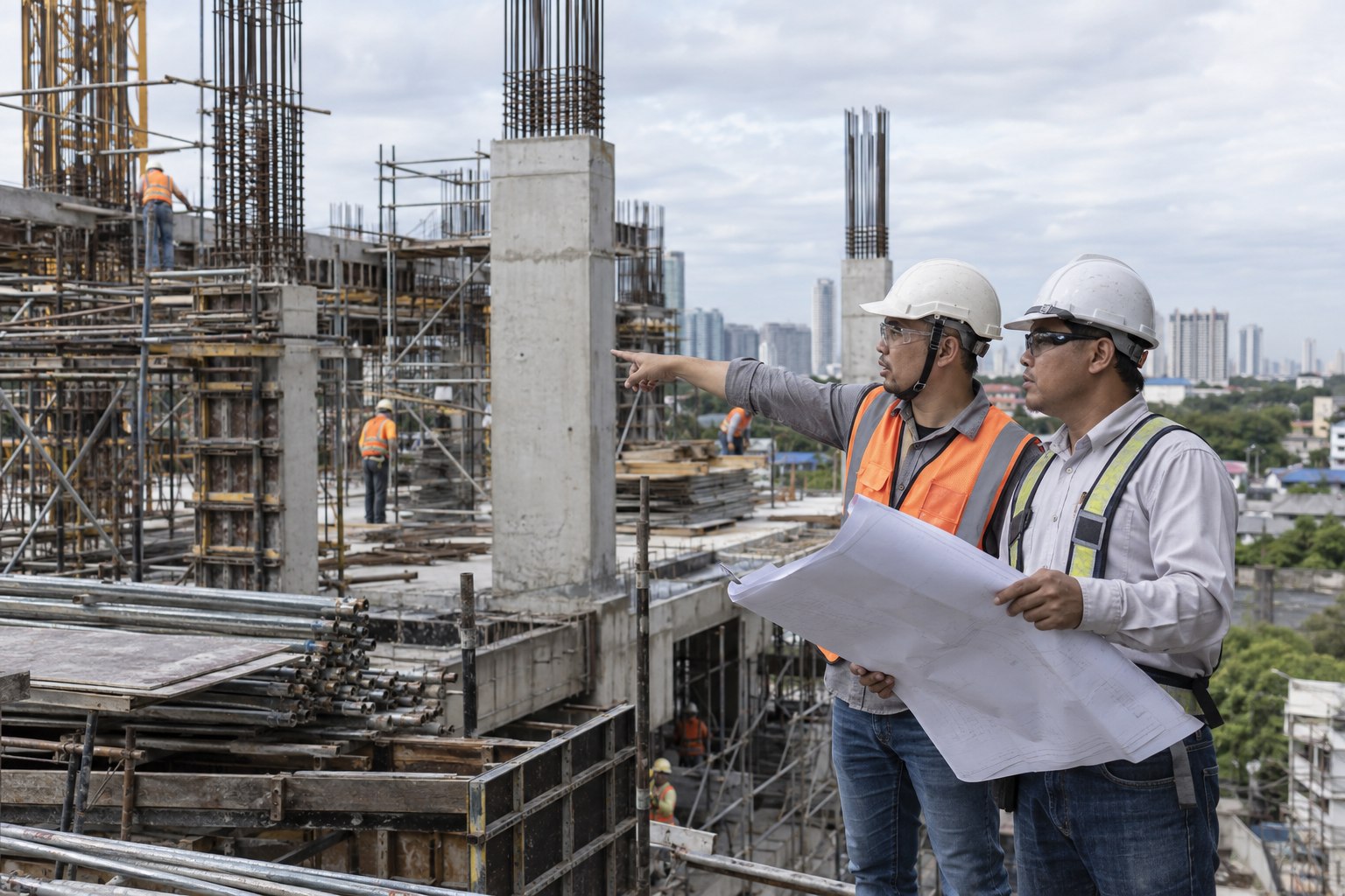 Engineers coordinating structural work at a construction site